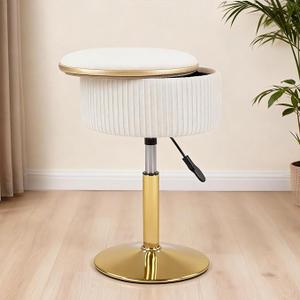 Adjustable Vanity Stool with Storage, 360° Swivel Gold Chair, Velvet Small Round Ottoman Footrest for Bathroom, Makeup Room, Beige