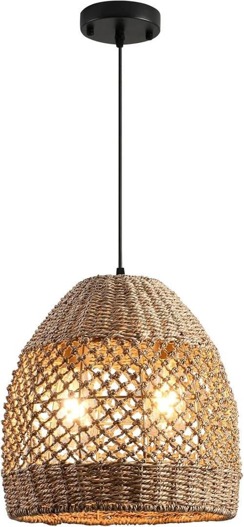 Rattan Pendant Light,Boho 2-Light 13 Wicker Chandelier, Hand-Woven Suspension Farmhouse Rattan Light for Kitchen Island Bedroom Living Room