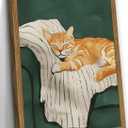 Funny Cat Wall Art Cute Cat Sleeping on Couch Wall Decor Painting Orange Pet Kitty Portrait Pictures Prints Contemporary Animal Canvas Artwork for Bedroom Living Room 12x16 inch Wood Framed