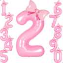 Pink 2 Balloon Number Pink Birthday Decorations for Girls, Bow Balloons Foil Mylar Large 40 2 Birthday Balloon for Girls Bow Butterfly Coquette 2nd Party Decorations(Number 2 balloons)