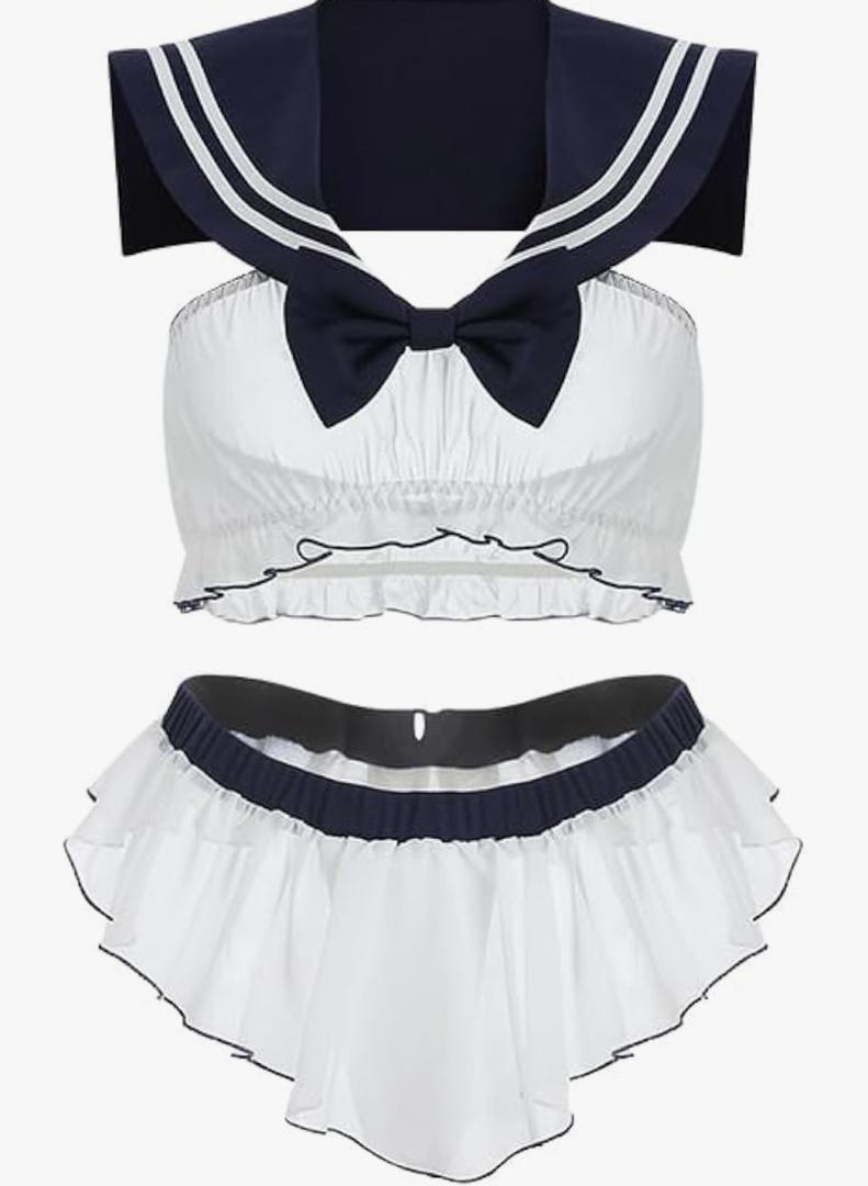 Sexy Sailor Lingerie Set - Sheer Mesh Babydoll with Bow Tie & Open Back, Matching G-String and Mini Skirt, Y2K Roleplay Costume for Women, XL