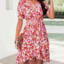 Womens Wrap V Neck Short Sleeve Dress 2025 Summer Floral Boho Dress Ruffle A Line Flowy High Low Midi Dresses (Pink, XL)
