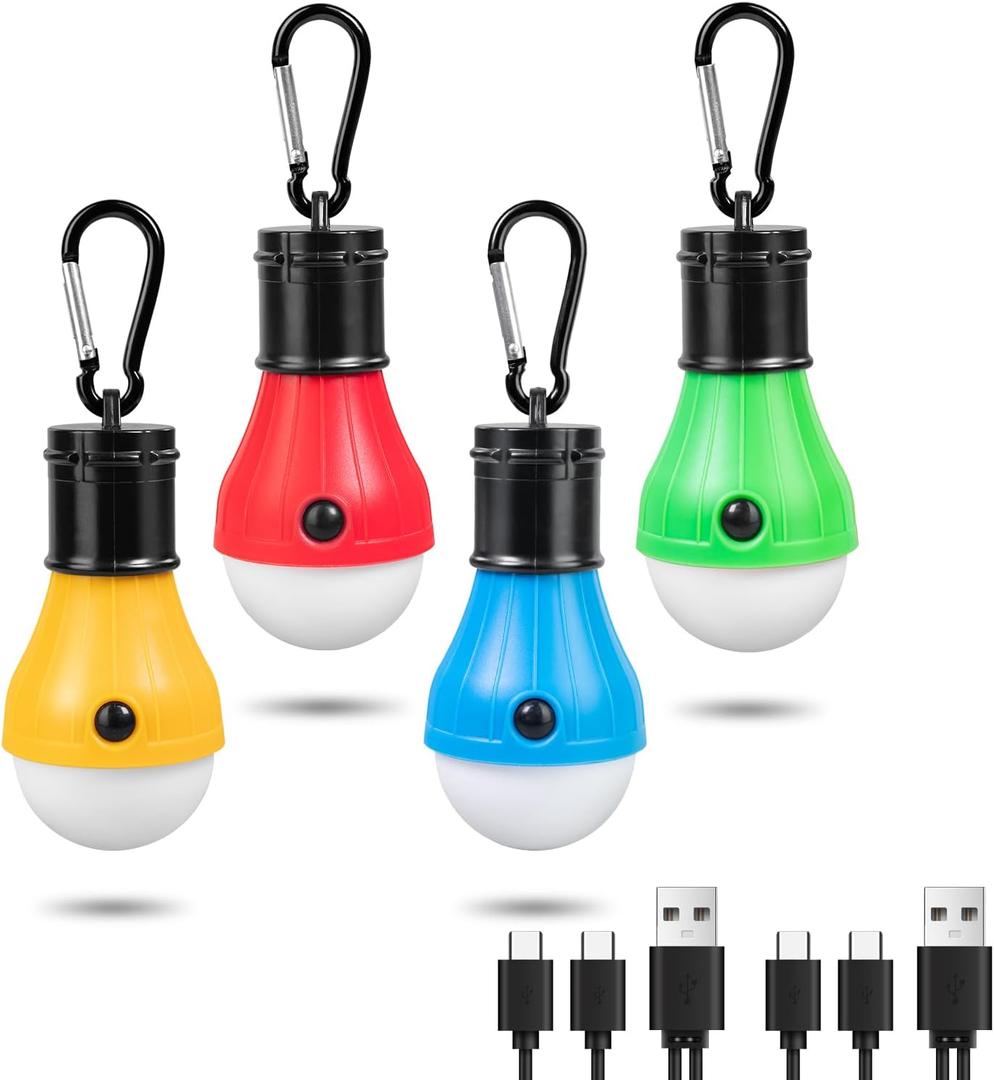 Led Camping Lantern USB Rechargeable, Outdoor Tent Lights for Camping Hanging, Kids with Clip Hook Camping Flashlight (Pack of 4 Colored)