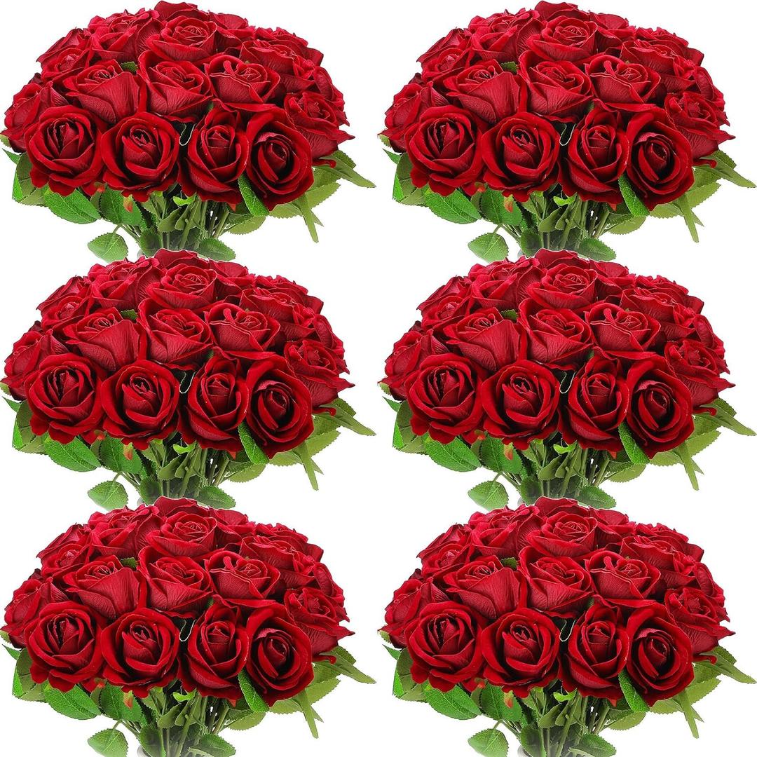 Jexine 50 Pcs Artificial Rose Flower Realistic Silk Roses with Stem Bouquet of Flower Plastic Flower Real Looking Fake Rose for Home Wedding Centerpieces Party Decoration (Burgundy)