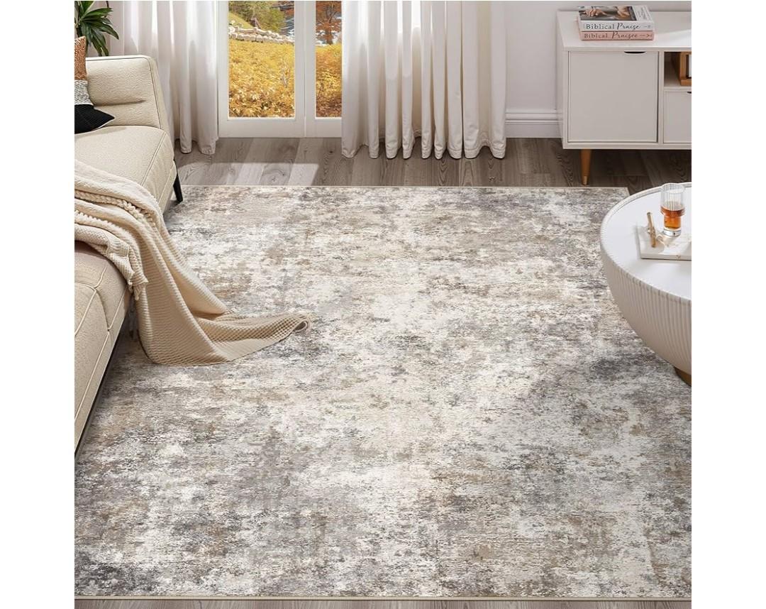Square Area Rugs : Washable 8x8 Neutral Modern Abstract Carpet for Living Room Bedroom - Soft Floor Mat with Non Slip Backing for Kitchen Nursery Dorms Farmhouse Home Decor - Brown Grey