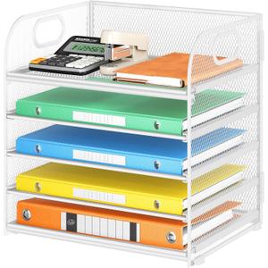 Lavatino 5 Tray Paper Organizer Letter Tray with Handle - Mesh Desk File Organizer, Paper Sorter Organizer for Office, Home or School File Folder Holder - White