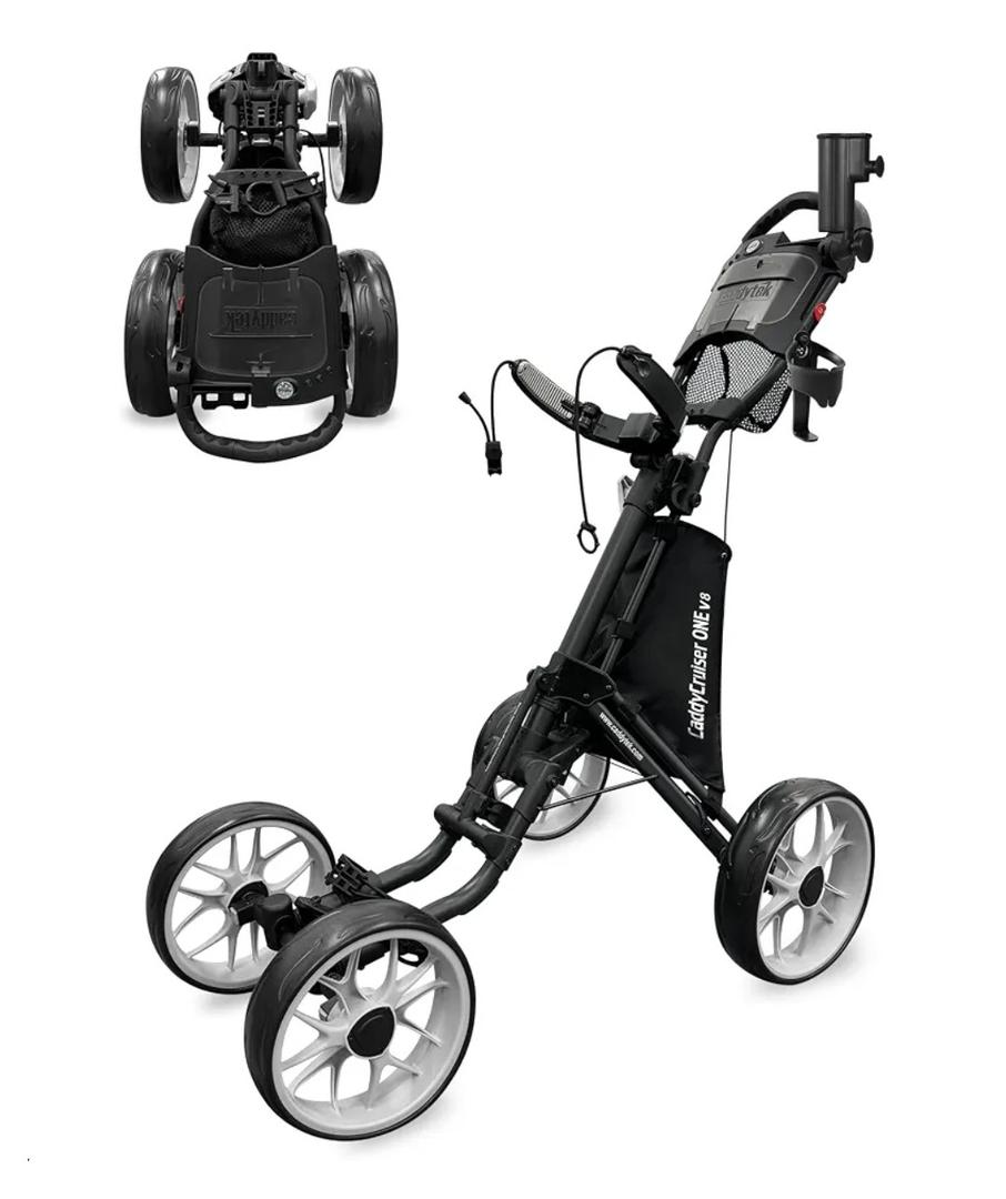 CaddyTek 4 Wheel Golf Push Cart - Caddycruiser One Version 8 1-Click Folding Trolley - Lightweight, Compact Pull Caddy Cart, Easy to Open