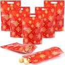 Shemilly 60pcs Christmas Treat Bags, Red Christmas Plastic Resealable Candy Gift Bag with Handle, Gold Snowflake Sealing Goodie Pouch for Xmas Winter Holiday Party Favors Decorations, 9X6inch