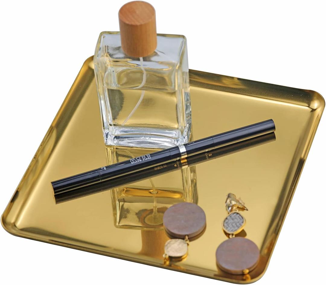 FREELOVE Metal Decorative Tray, Catchall Trays for Candle Tools Napkin Holder, Perfume Jewelry Organizer Makeup Trinket Dish, Dresser Vanity Counter Coffee Table Decor, Mirror Gold, 8''X8'' (7.5" x 7.5" x 0.5")