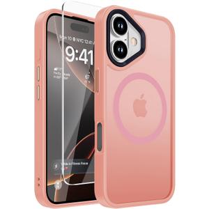 2 x DEERLAMN Magnetic Matte Case for iPhone 16 with Screen Protector, [Compatible with MagSafe][Military Grade Drop Protection] Slim Translucent Shockproof Protective Phone Cover, Pink
