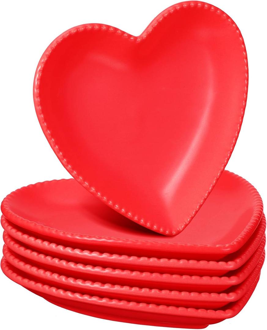 Meanplan 6 Pcs Heart Shaped Plates Ceramic 6.9 Inches Salad Ceramic Graduation Plates Dinner Heart Shaped Serving Dish Dessert Elegant for Kitchen Steak Snacks(Red)