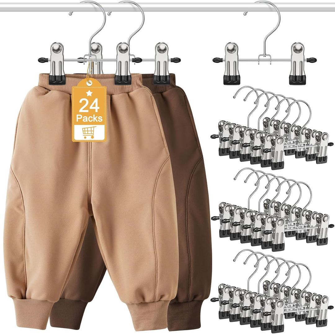 Eunhdet 24 Pack Baby Hangers with Clips, 360Rotatable Toddler Pant Hangers with Clips, Non-Slip Space Saving Kids Hanger for Newborn Children Clothes Skirts Boots Closet Organizers, Black