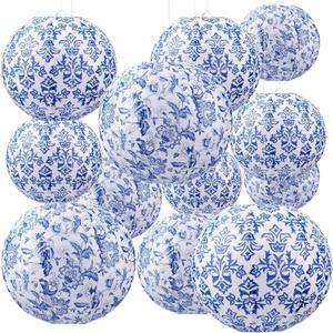 Retisee 12 Pcs Chinoiserie Paper Lantern Set 10 Inches Wedding Blue and White Decoration Blue and White Porcelain Print Decor Chinese Hanging Lantern for Ceiling Birthday Baby Shower Home Decor