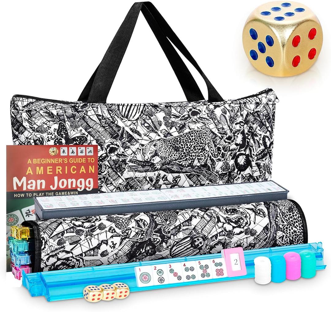 American Mahjong Game Set,166 Premium White Tiles with Portable Metal Dices4 All-in-One Racks with Pushers, Mah-Jong Games Sets, Ma Jong Tile Game (Black Jungle)