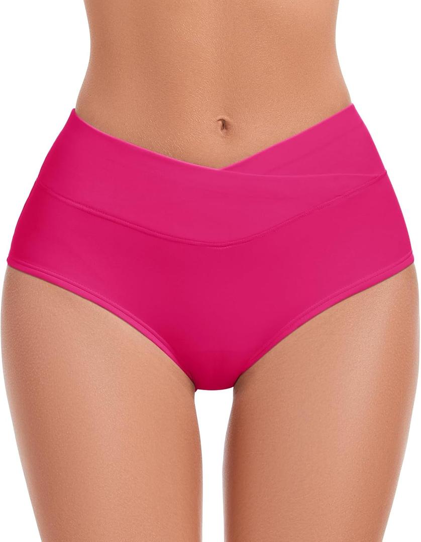 Bellecarrie Women's V Cut High Waisted Bikini Bottom Tummy Control Full Coverage Swimsuit (L)