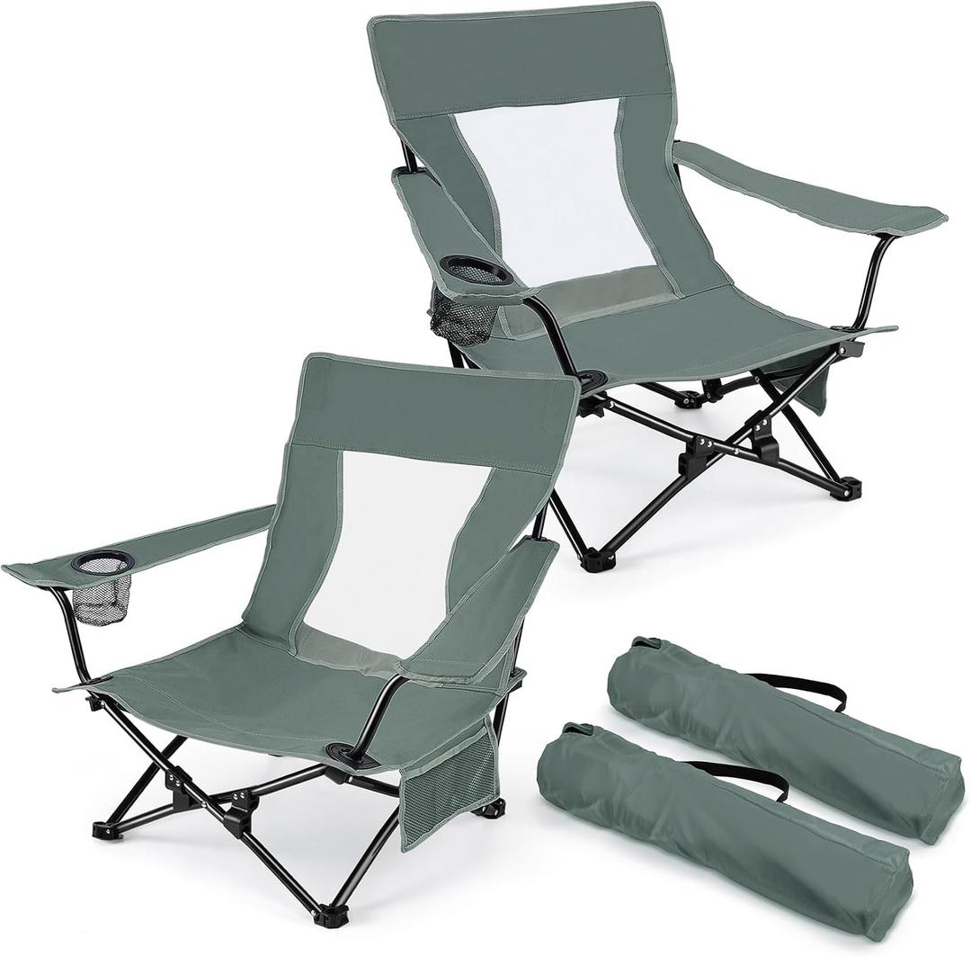 Joyfair Beach Camping Chair (2 Pack), Outdoor Folding Lawn Chair for Adults, Heavy Duty Portable Chair with Armrest for Outside Fishing, Sport, Patio, Cup Holder & Storage Pocket, Carry Bag (Grey)