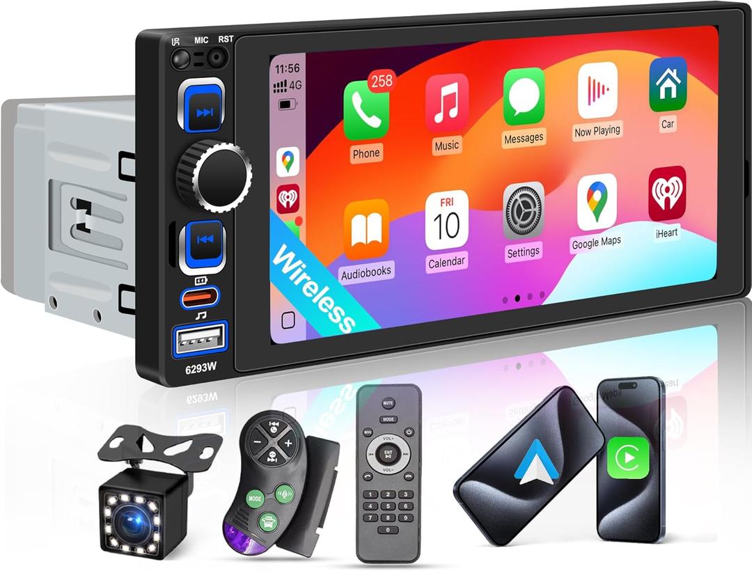 6.8" Single Din Car Stereo with Wireless Apple CarPlay Android Auto, Car Radio with 1280 * 600 IPS Touchscreen,Bluetooth 5.2, FM Radio,Dual USB Ports,Type-C Quick Charge, Backup Camera, EQ Subwoofer