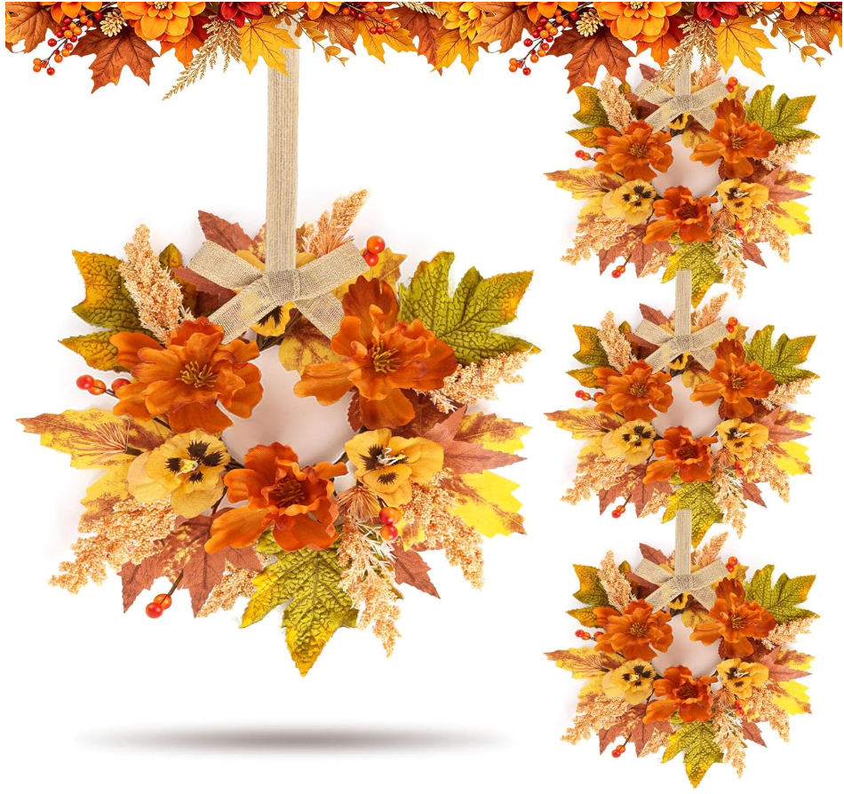 4 Pcs Fall Floral Swags Wreaths Mini Autumn Artificial Candle Rings Wreaths with Berries 3 inch Farmhouse Cabinets Hanging Wreath for Pillar Front Door Porch Wall Window Decoration