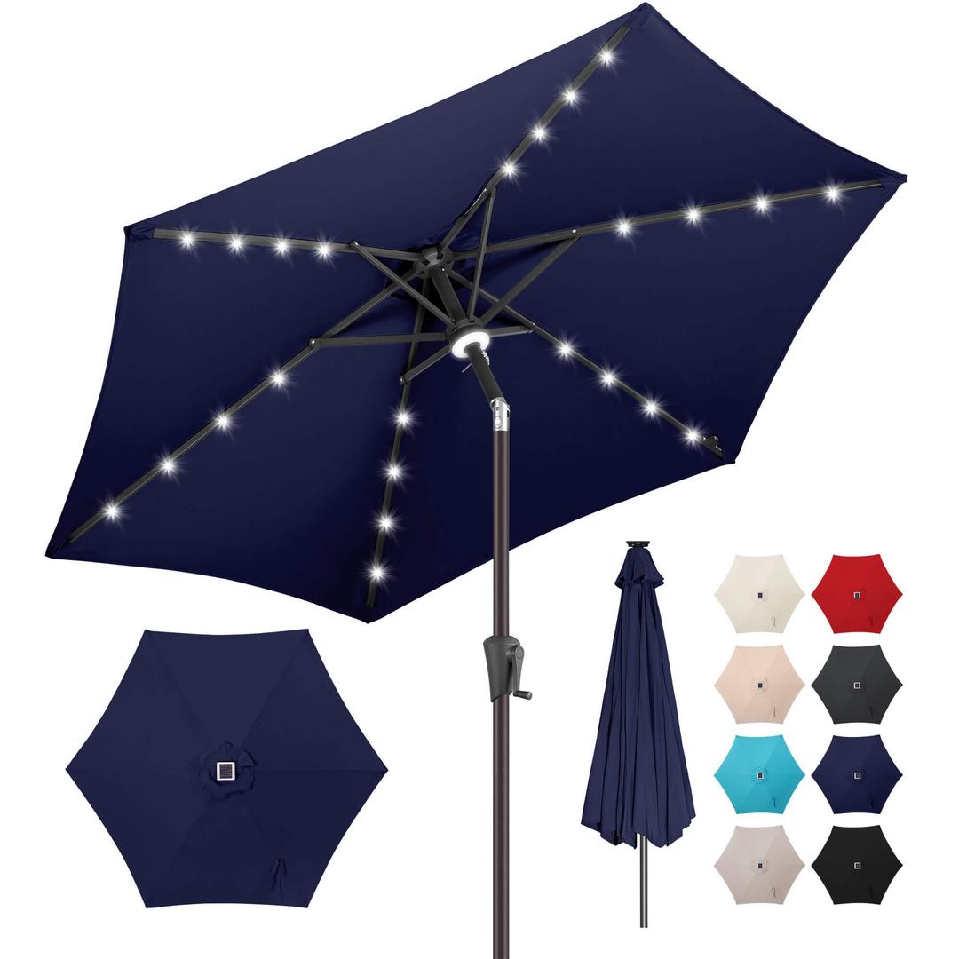 AckMizz 10ft Solar Patio Umbrella - Outdoor Umbrella with Centre Surround Light 24 LED Lights, Market Table Umbrella with Tilt for Pool, Porch, Garden, Deck, Backyard UV Protection (Navy Blue)