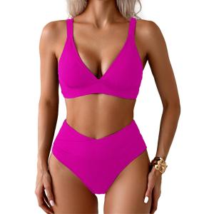 Sexy Ribbed Bikini Set 2 Piece Womens High Waisted V-Cut Cheeky High Leg Tummy Control Longline Swimsuit (Small, Rose)