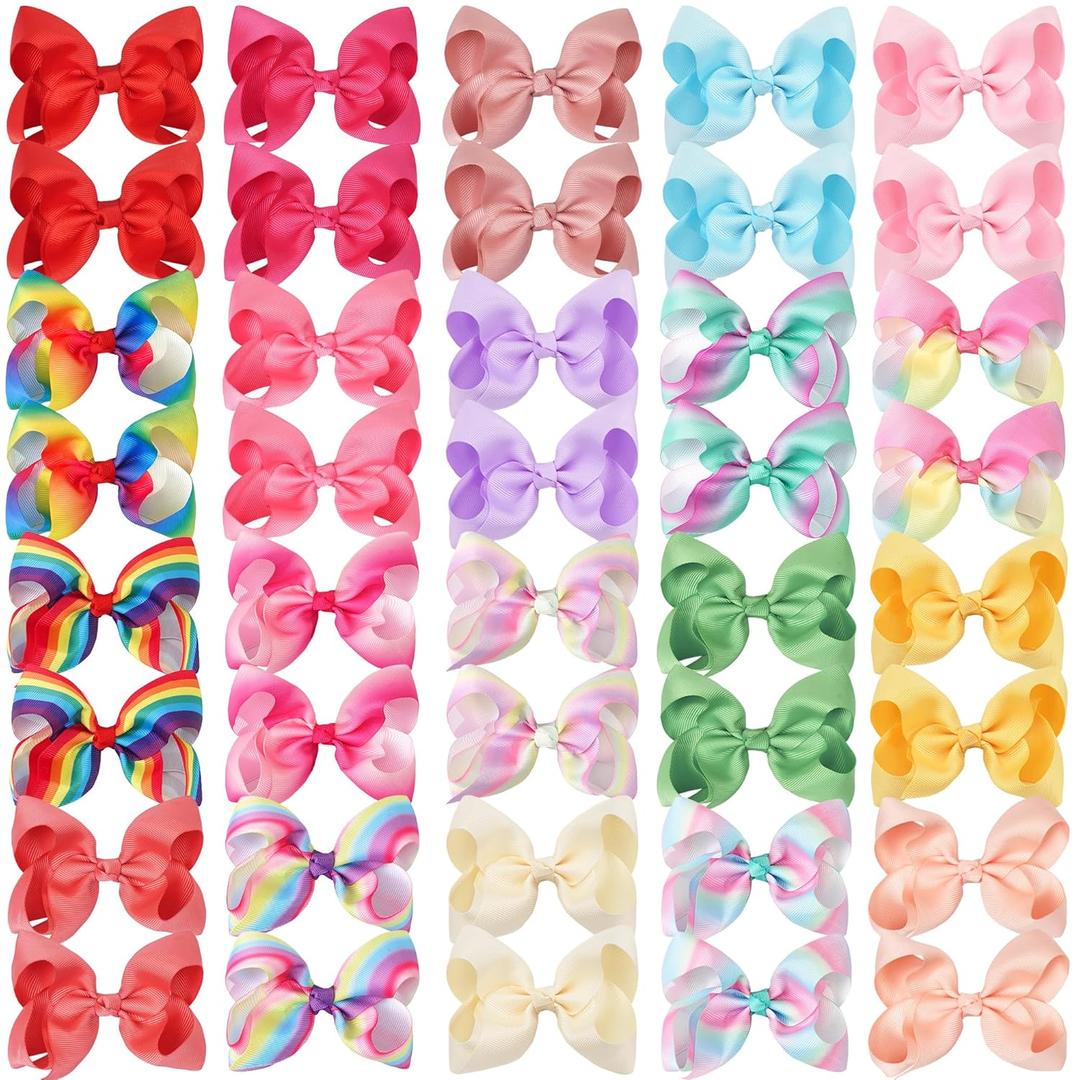 CLLOT 40 Pcs 4.5 Inch Hair Bows for Girls Clips Grosgrain Ribbon Boutique Hair Bow Alligator Clips For Girls Teens Toddlers Kids(Rainbow Colors)
