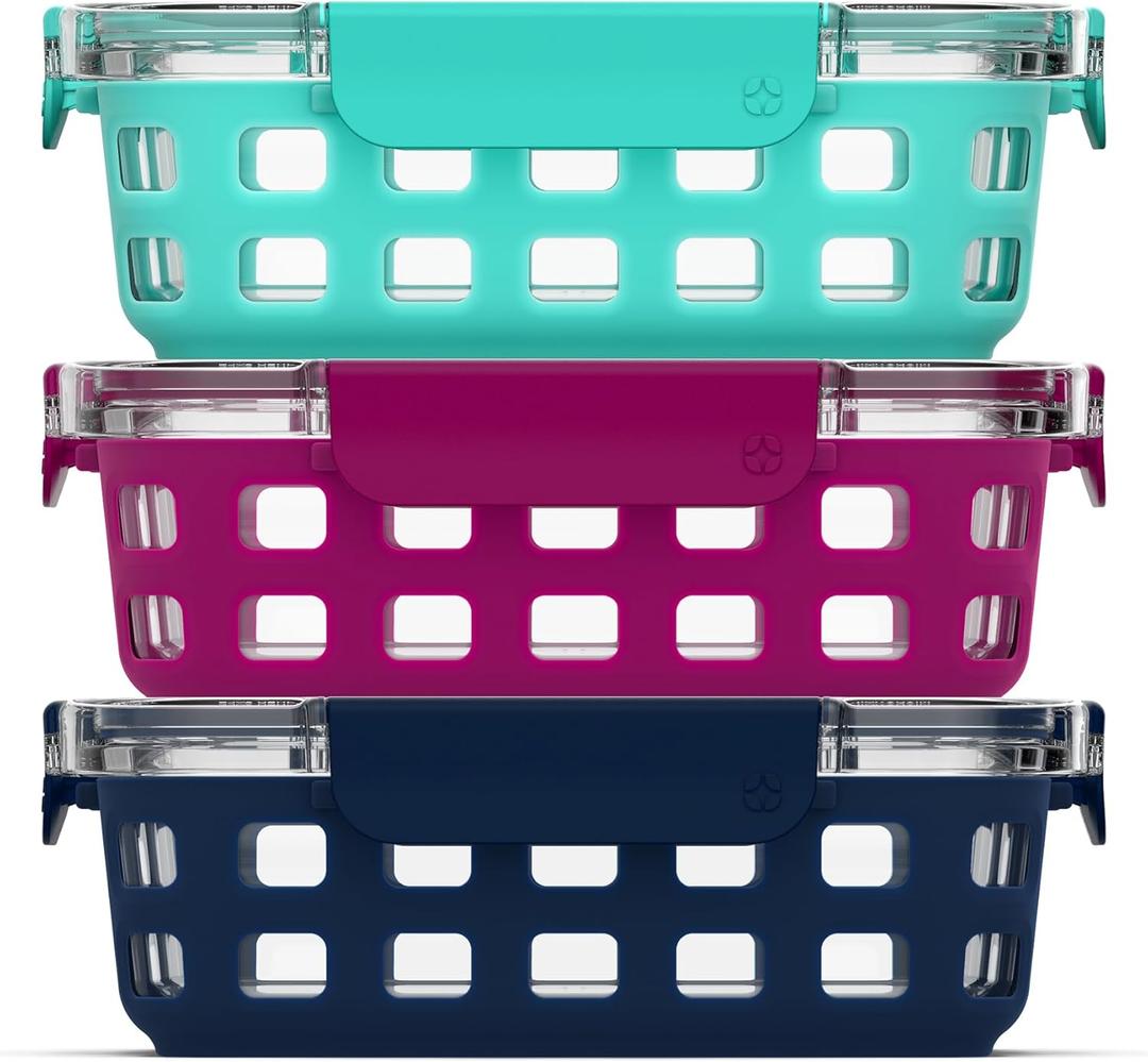 Ello Duraglass 3.4 Cup Meal Prep Sets 6Pc, 3 Pack Set- Glass Food Storage Container with Silicone Sleeve and Airtight BPA-Free Plastic Lids, Dishwasher, Microwave, and Freezer Safe, Berry