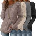 4 Pack Women's Long Sleeve Shirts Boat Neck Ribbed Knit Sweaters with Thumb Holes Loose Fit Casual Tops (Large, Coffee, Cream, Gray, Black)