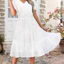 Zattcas Women 2026 Sping Summer Dress V Neck Smocked Waist Casual Flowy A Line Tiered Work Knee Length Dresses (White, L)