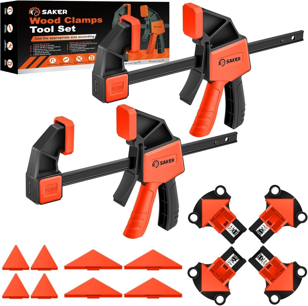 Saker Bar Clamps & Angle Clamps Set, 6" Quick Grip F-Clamp, Multi-Degree Angle Clamp, Orange, 154 lbs Clamping Force (Orange 6" Bar Clamps*2+Angle Clamps*4)