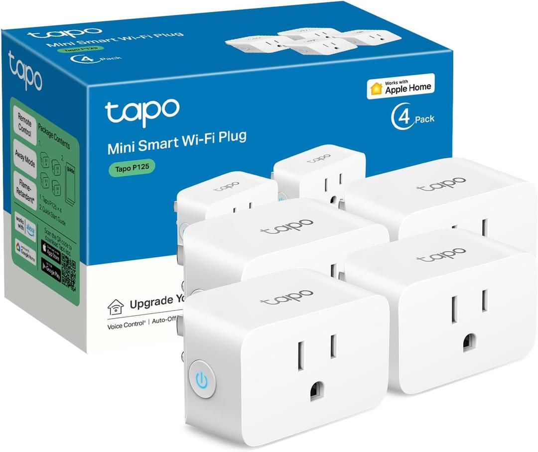 TP-Link Tapo Apple HomeKit Smart Plug Mini, Compact Design, 15A/1800W Max, Super Easy Setup, Works with Siri, Alexa & Google Home, UL Certified, 2.4G Wi-Fi Only, White, Tapo P125(4-Pack)