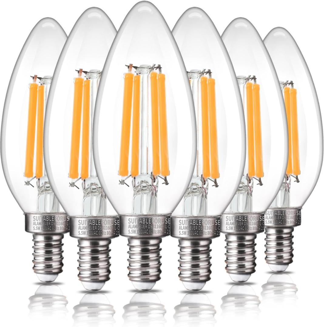 ALAMPEVER 6 Pack Chandelier Light Bulbs 100 Watt Equivalent, 800LM Bright Dimmable LED Light Bulb, E12 Base, 2700K Soft White, B11 Type, 5.5W, Ideal for Living Room, Bedroom, Dining Room