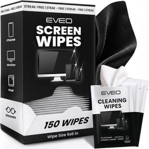 EVEO Screen Wipes (150 Pack) - Electronic Wipes, Computer Screen Cleaner Wipes for Electronics | Computer Screen Wipes Phone Wipes & Lens Wipes for PC, Laptop, Phone, Car & More - Microfiber Included