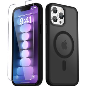 YENAPOON for iPhone 13 Pro Case, Matte Magnetic Phone Cover [with 1 Screen Protector] [Support for MagSafe] [Shockproof Military Grade Protection] Translucent Frosted Back, Black