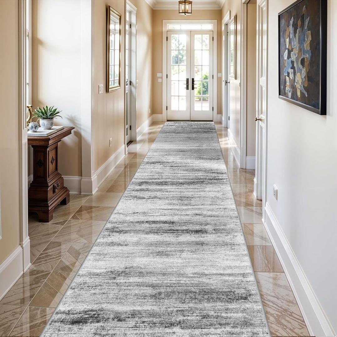 Washable Hallway Runner Rug for Home: Extra Long Runners for Entryway Living Room Dining Room - Stain and Water Resistant Rugs with Non-Slip Backing - Soft Low-Pile Carpet 2'6''x14' Grey