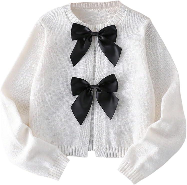 SweatyRocks Girl's Cute Bow Cardigan Sweaters Long Sleeve Knitted Lightweight Sweater Coats Size M