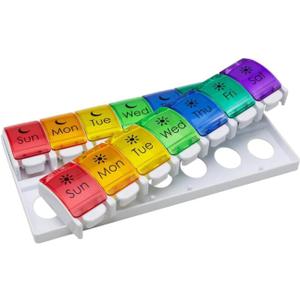 EZY DOSE Weekly (7-Day) Pill Case, Medicine Planner, Vitamin Organizer, 2 Times a Day AM/PM, Removeabale Trays, Large Push Button Compartments, Easy to Use, Arthritis Friendly, Rainbow Lids, BPA Free