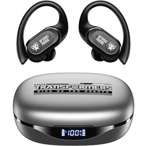 Transformers Over The Ear Earbuds Wireless Bluetooth 5.4 LED Power Display Earbuds with Earhooks 65H Playtimes Deep Bass IPX5 Waterproof Ear Buds for Sports/Workout, TF-T26 Optimus Prime (Grey)
