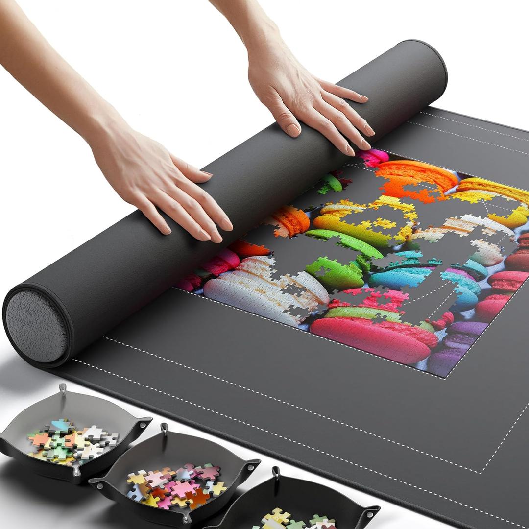 Newverest Jigsaw Puzzle Mat Roll Up, Saver Pad 55 x 35.5 Portable Keeper Up to 3000 Pieces with Non-Slip Rubber Bottom and Polyester Top + 3 Puzzle Sorting Trays, Travel-Friendly Storage Bag
