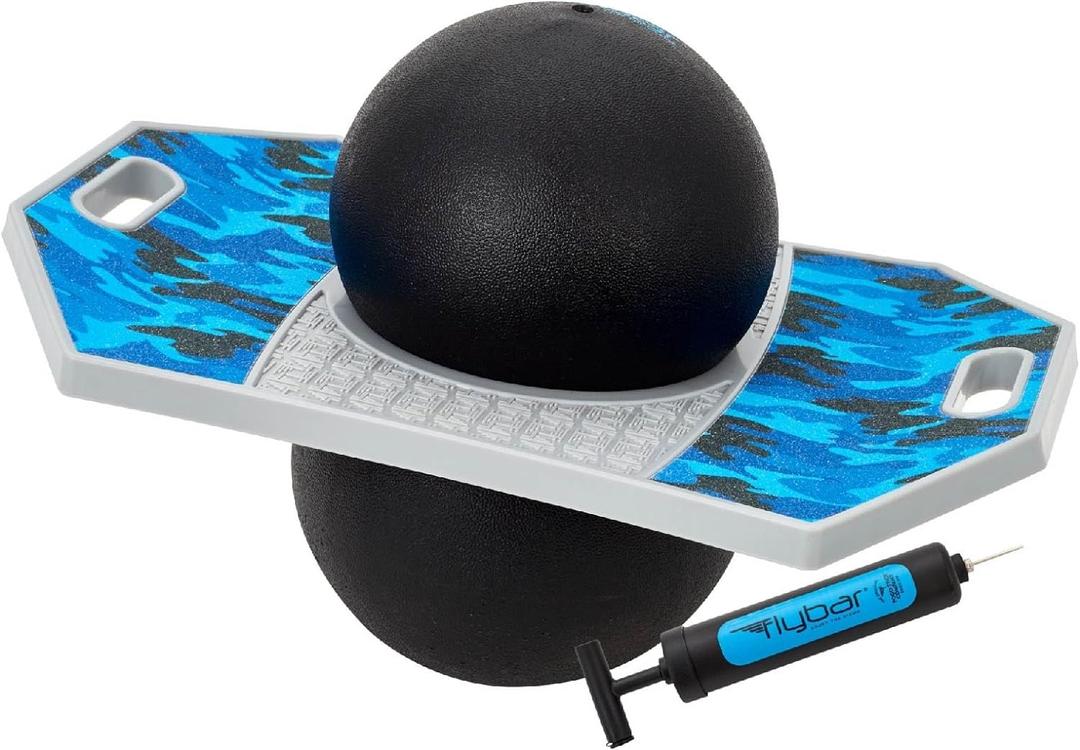 Flybar Pogo Trick Ball for Kids, Bounce Board for Boys and Girls Ages 6+, Up to 160 lbs, Includes Pump, Easy to Carry Handle, Durable Plastic Deck Indoor, Outdoor Toy Pogo Jumper, (Medium, Blue Camo)