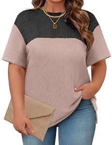 Cakrisyal Womens Plus Size Short Sleeve Color Block Pullover Tunic Tops Summer Casual Crewneck Side Split T Shirts Size XL