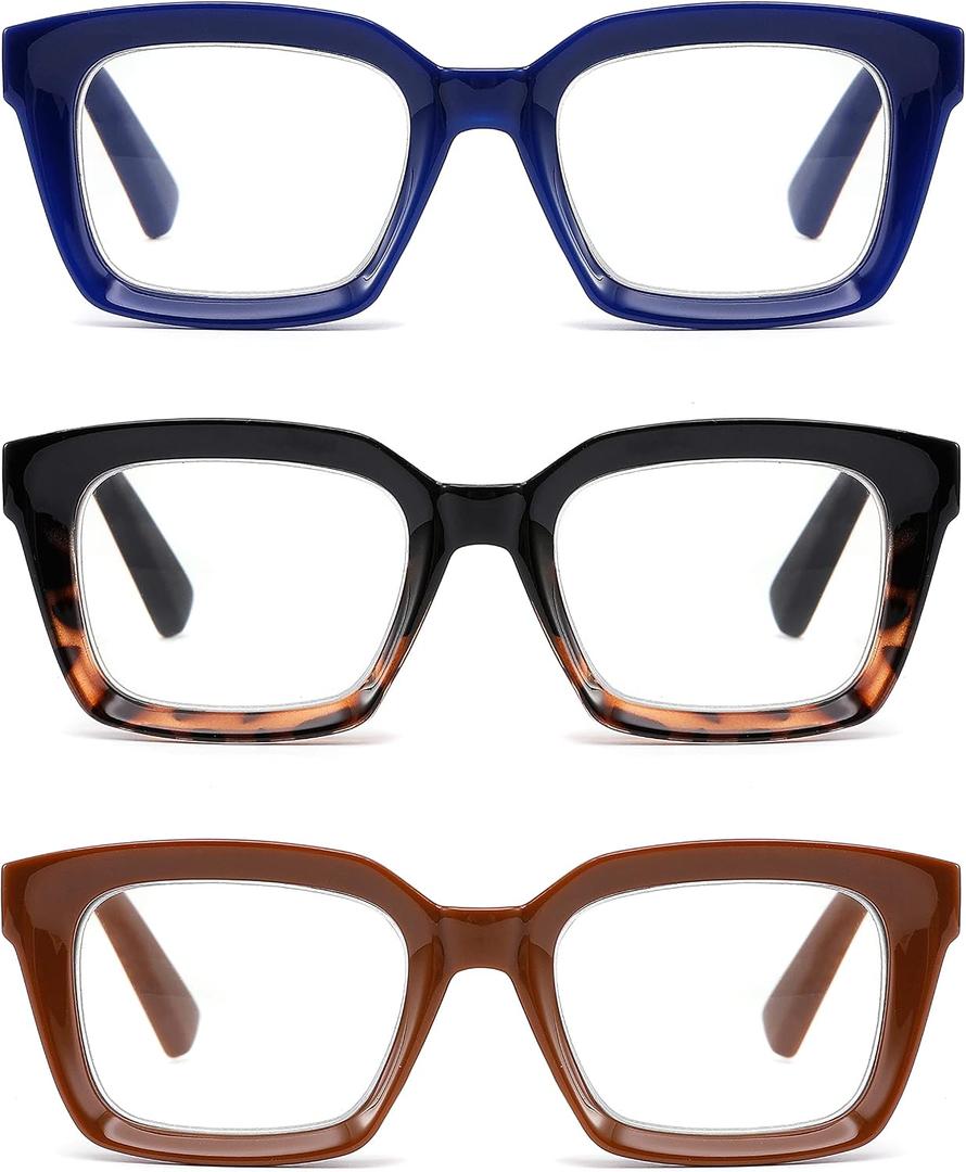3 Pack Oversize Square Design Reading Glasses for Women, Blue Light Blocking Computer Reader