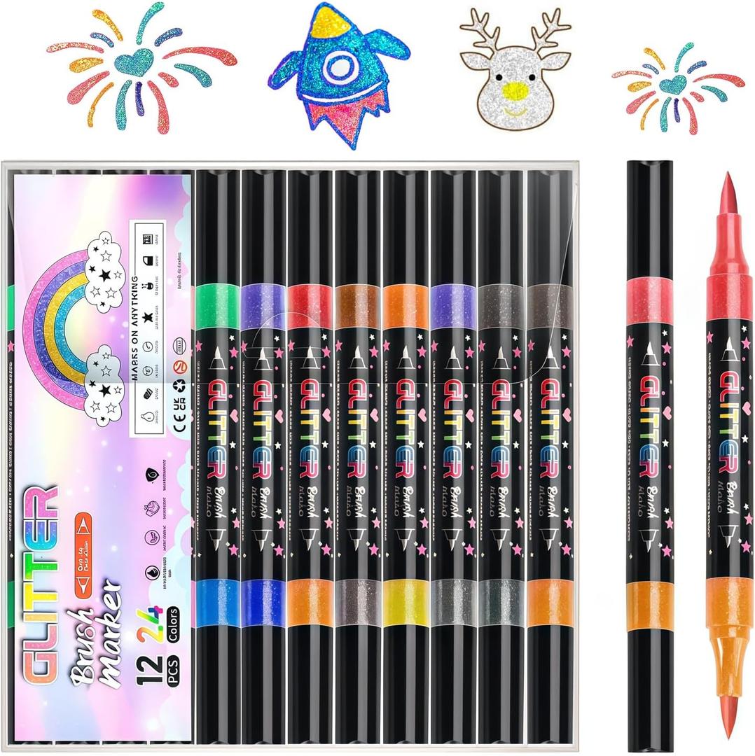 smrtcol Glitter Markers DualTip Sparkle Pens Perfect for Arts & Crafts, Scrapbooking, and Gift Decoration（12 Count）