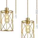 Plug in Industrial 2 Pack Farmhouse Pendant Light, Mini Cage Pendant Lighting in Gold Finish with Crystal, Adjustable Length Hanging Light Fixture for Hallway, Bedroom, Living Room, Kitchen