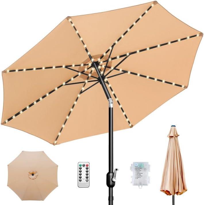 10ft Patio Umbrella, Table Market Umbrella Outdoor Patio with 104 LED Lights 8 Sturdy Ribs & Push Button Tilt and Crank for Deck, Pool, Garden, Backyard (Tan)