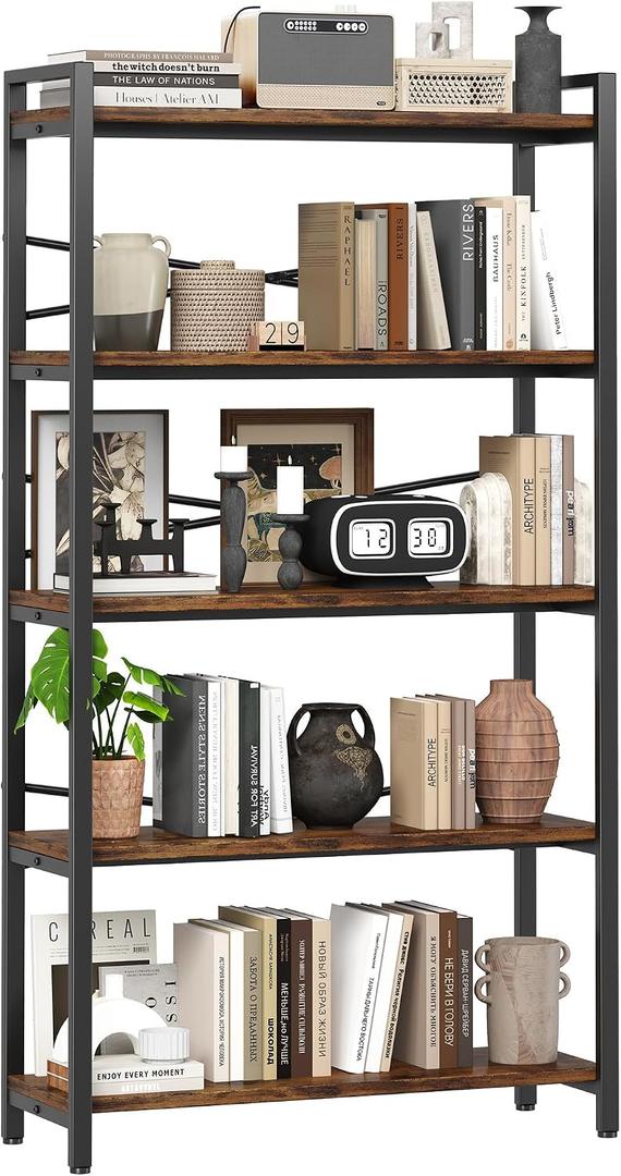 5 Tier Bookshelf 31.49" Width, Tall Book Shelf Storage and Organization, Wooden and Metal Industrial Bookcase, Large Book Shelves for Home Living Room Bedroom Office Storage(Vintage), 5 Tier - 31.5" W