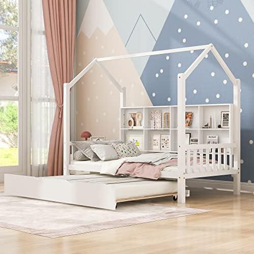 Merax Wood Twin Montessori Daybed with Trundle and Book Shelf Low Sofa Day Bed for Boys Girls No Box Spring Needed White