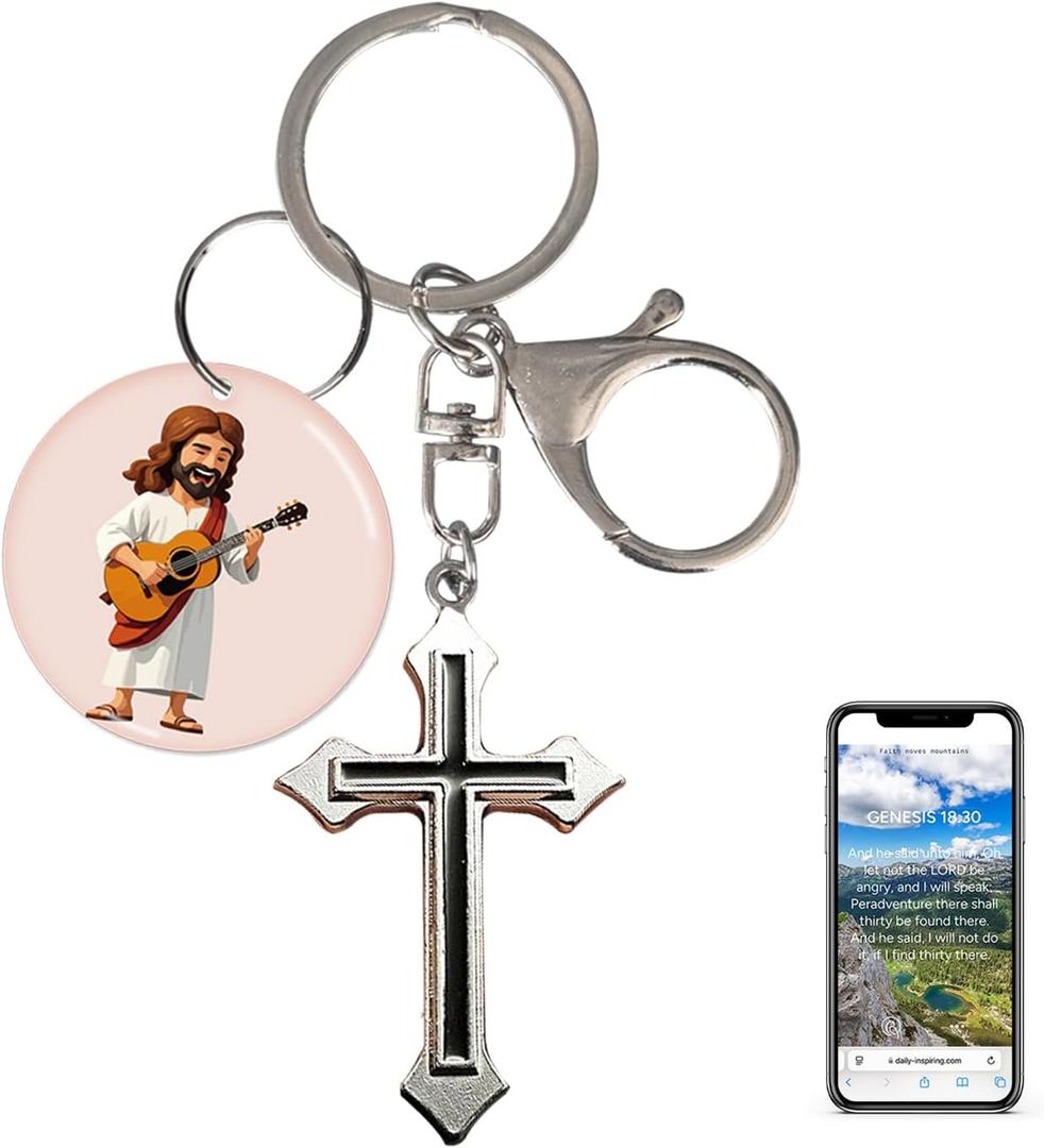 Inspirational NFC Christian Keychain with Scripture Card, Tap with Your Phone to Get Daily Bible Verse (Jesus Playing Guitar)