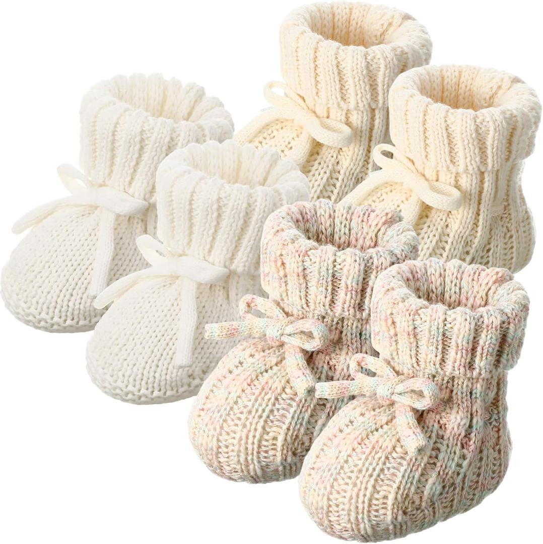 3 Pairs Knitted Baby Booties 0-6 Months Newborn Baby Shoes First Walkers Cozy Shoes for Infant Boy Girl (Gradient, Beige, White)