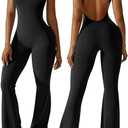 OEAK Womens Flare Jumpsuit with Bra Tummy Control Cutout Romper Workout Outfit Sleeveless Unitard One Piece Backless Bodysuit S Black