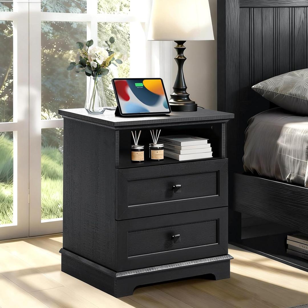 20" Modern Nightstand with Charging Outlets 2 Drawers Open Shelf Black Built-in Charging: 2 AC outlets, 2 USB-A & Type-C, 2 drawers + Open Shelf, Sleek Modern Design for Bedroom/Office